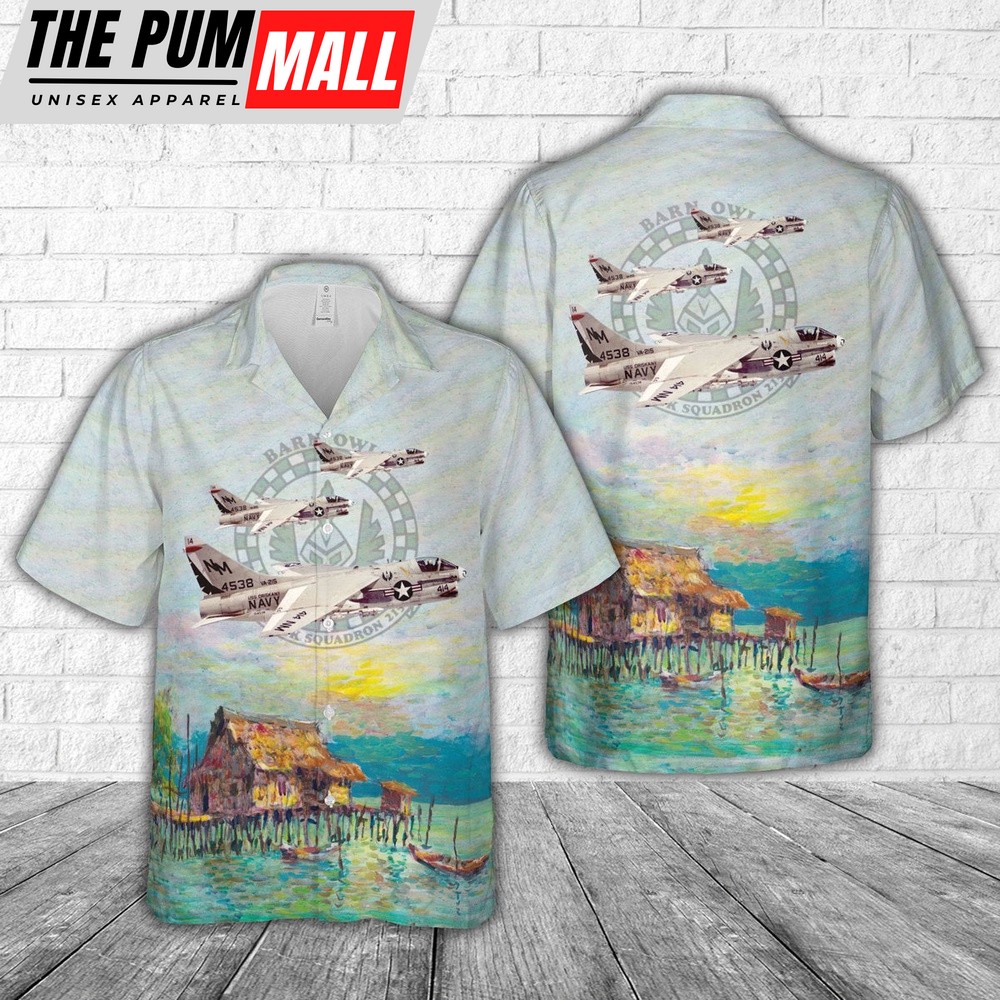 Us Navy Hawaiian Shirt, US Navy Attack Squadron 215 Barn Owls A-7B Corsair IIs Hawaiian Shirt, Military Hawaiian Shirt