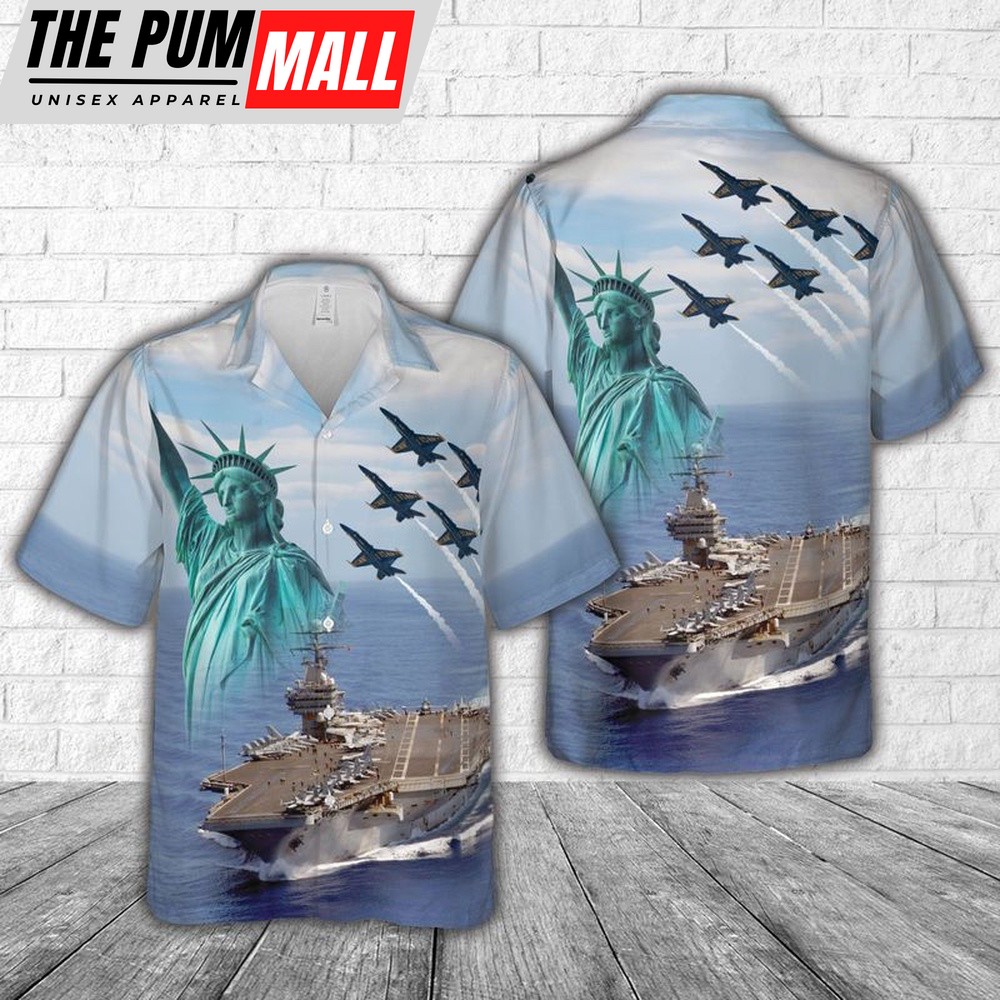 Us Navy Hawaiian Shirt, US Navy Blue Angels fly over USS Carl Vinson (CVN 70), 4th Of July Hawaiian Shirt, Military Hawaiian Shirt