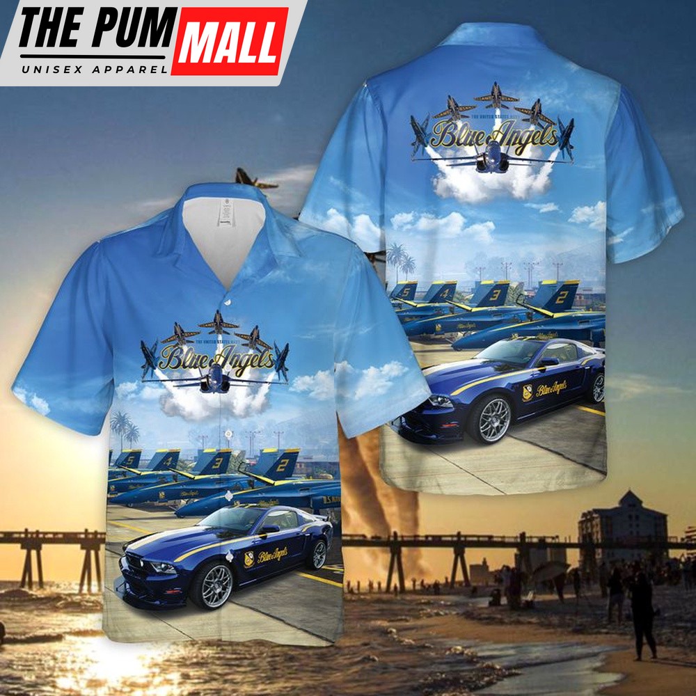 Us Navy Hawaiian Shirt, U.S Navy Blue Angels Ford Mustang GT Hawaiian Shirt, Military Hawaiian Shirt