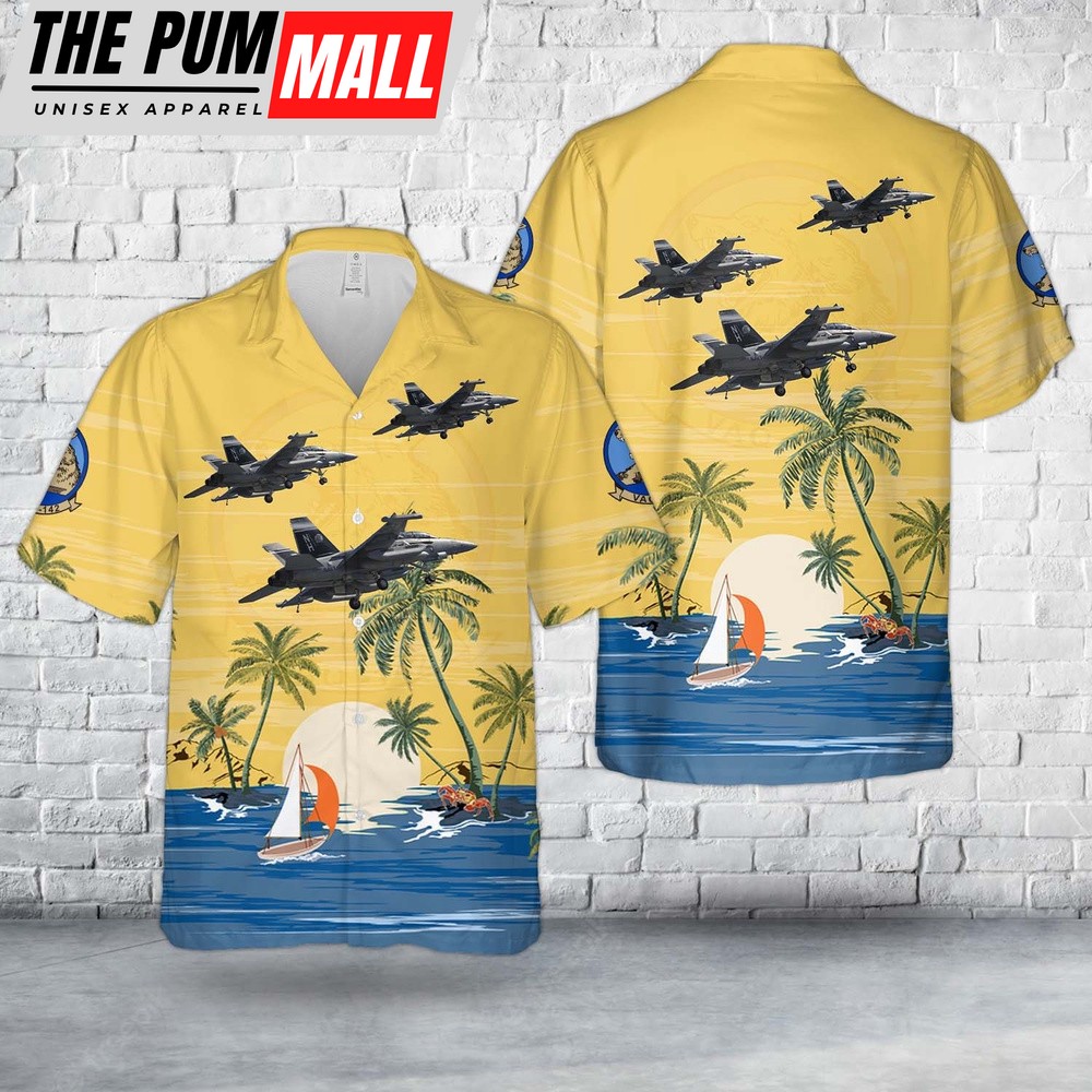 Us Navy Hawaiian Shirt, US Navy Boeing EA-18G Growler Of VAQ-142 Gray Wolves Hawaiian Shirt, Military Hawaiian Shirt