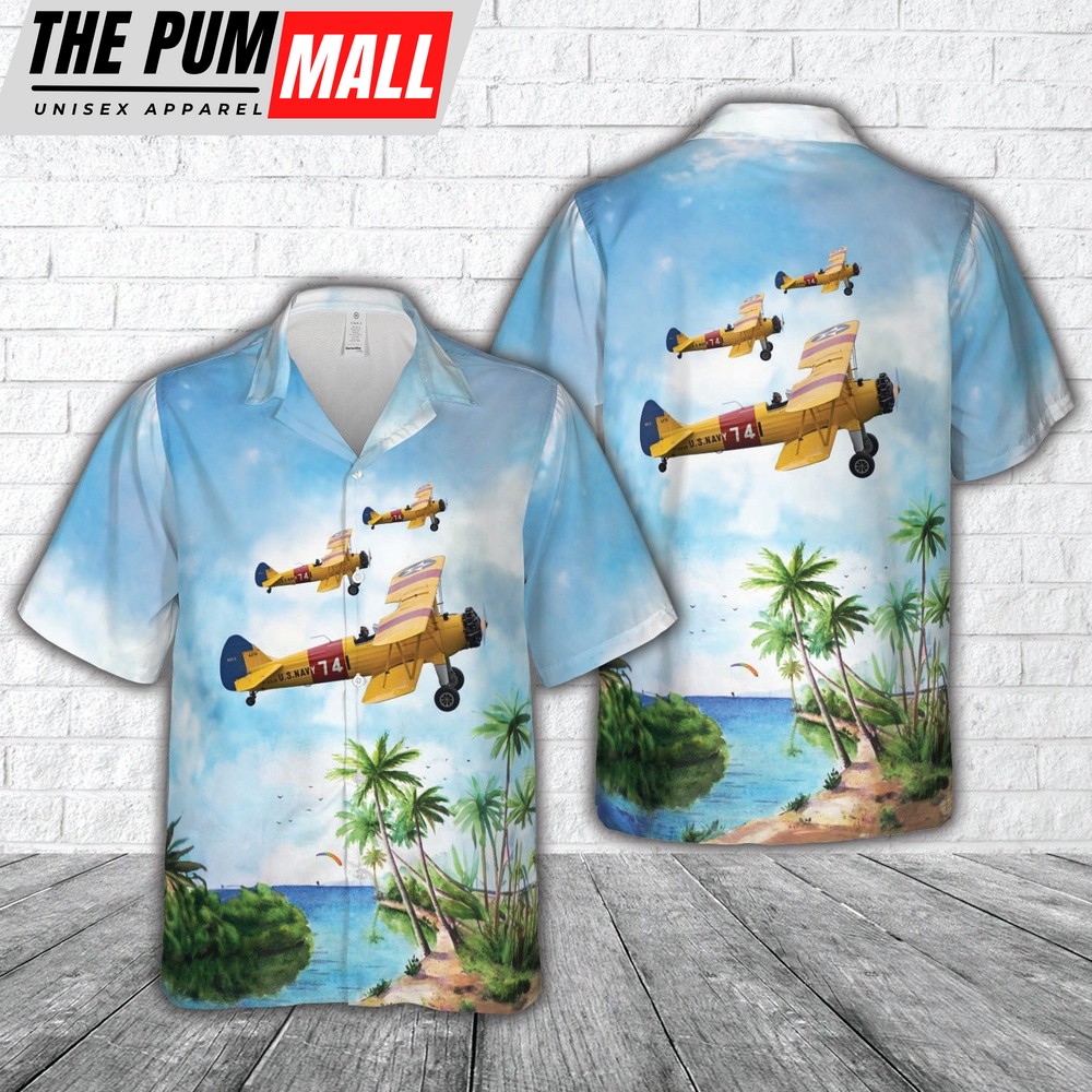 Us Navy Hawaiian Shirt, US Navy Boeing-Stearman E75 Kaydet 4273 741 (F-AZJR) Hawaiian Shirt, Military Hawaiian Shirt