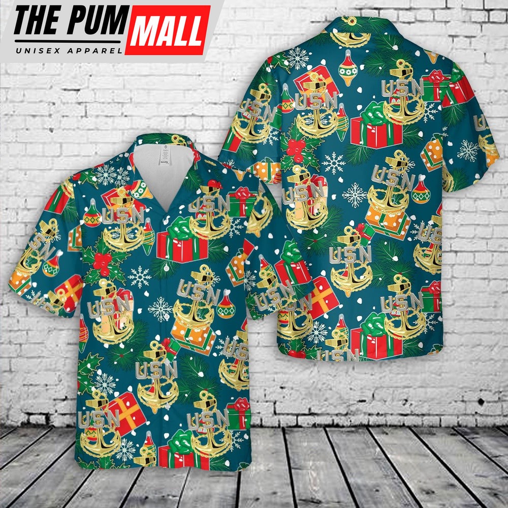 Us Navy Hawaiian Shirt, US Navy Chief Anchor Christmas Hawaiian Shirt, Military Hawaiian Shirt