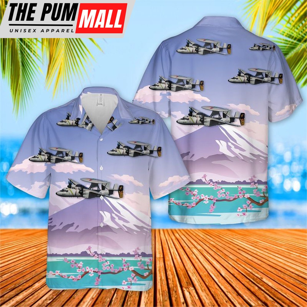 Us Navy Hawaiian Shirt, US Navy E-2C Hawkeyes Of VAW-115 Liberty Bells Flying By Mount Fuji, Japan Hawaiian Shirt, Military Hawaiian Shirt