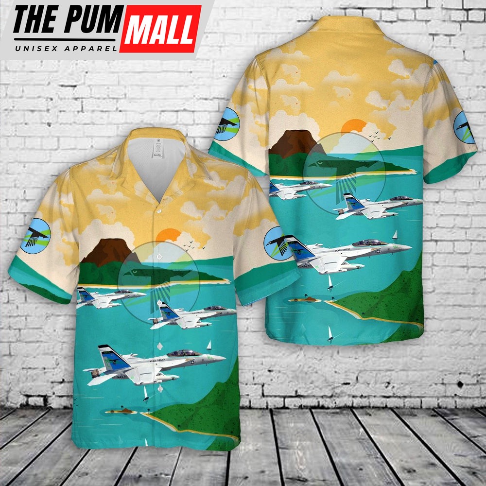 Us Navy Hawaiian Shirt, US Navy Electronic Attack Squadron 135 (VAQRON 135) VAQ-135 ‘Black Ravens’ Hawaiian Shirt, Military Hawaiian Shirt