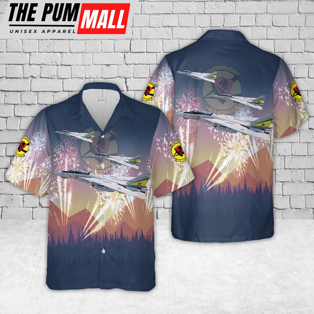 Us Navy Hawaiian Shirt, US Navy F-14A Tomcat Of VF-302 Stallions , 4th Of July Hawaiian Shirt, Military Hawaiian Shirt