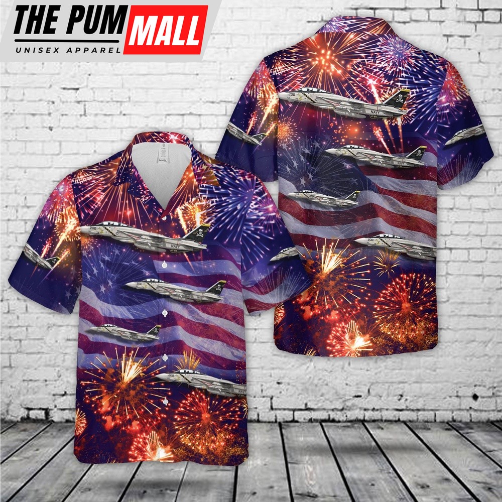 Us Navy Hawaiian Shirt, US Navy F-14A Tomcat Of VF-84 ”Jolly Rogers”, 4th Of July Hawaiian Shirt, Military Hawaiian Shirt