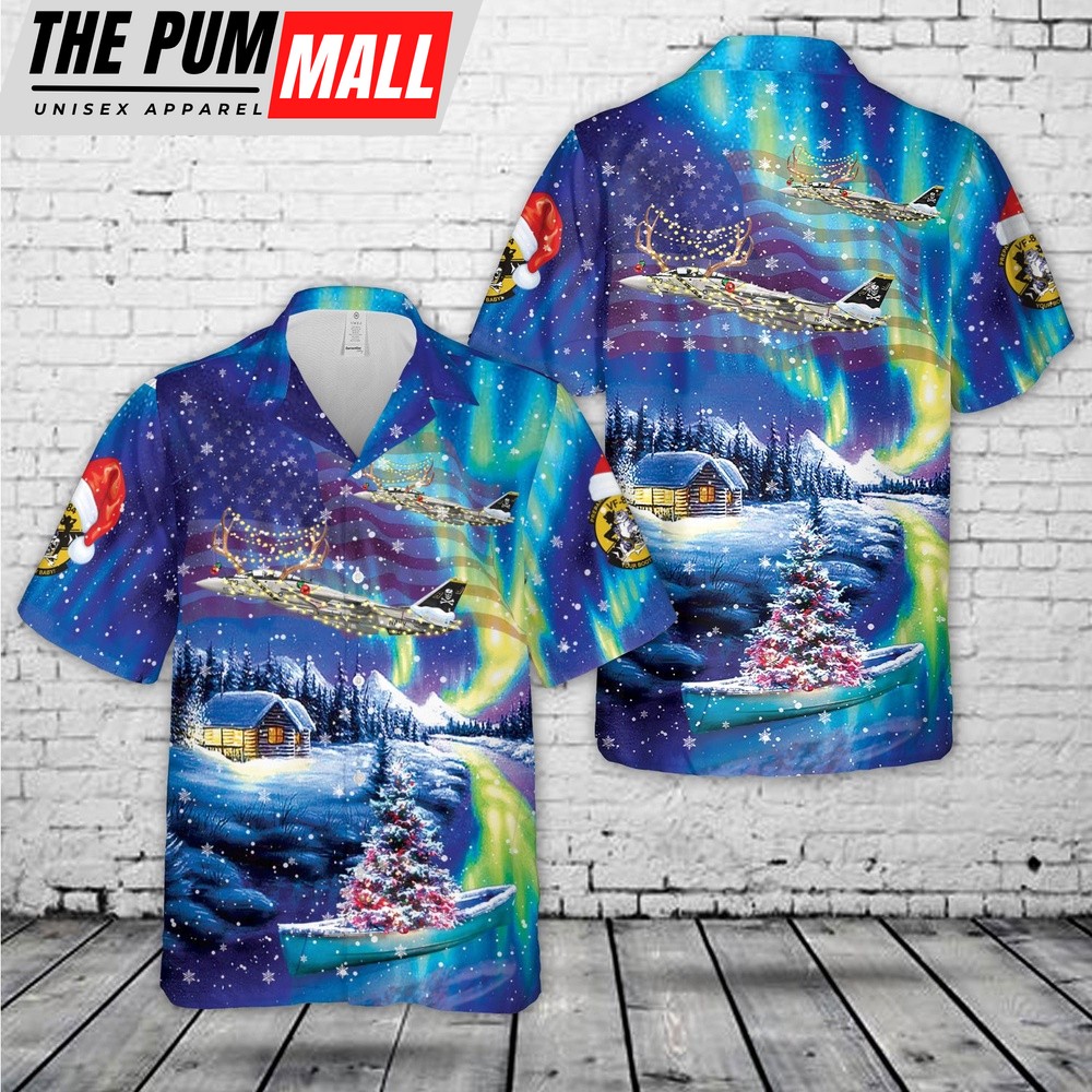 Us Navy Hawaiian Shirt, US Navy F-14A Tomcat Of VF-84 Jolly Rogers Christmas Hawaiian Shirt, Military Hawaiian Shirt