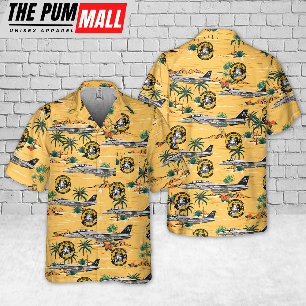 Us Navy Hawaiian Shirt, US Navy F-14A Tomcat Of VF-84 Jolly Rogers Pocket Hawaiian Shirt, Military Hawaiian Shirt
