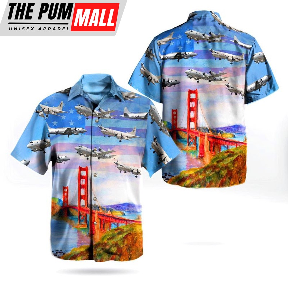 Us Navy Hawaiian Shirt, US Navy Lockheed P-3 Orion Independence Day Golden Gate Bridge Hawaiian Shirt, Military Hawaiian Shirt