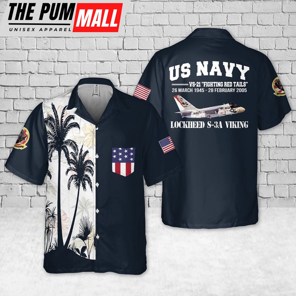 Us Navy Hawaiian Shirt, US Navy Lockheed S-3A Viking VS-21 Fighting Red Tails Pocket Hawaiian Shirt, Military Hawaiian Shirt
