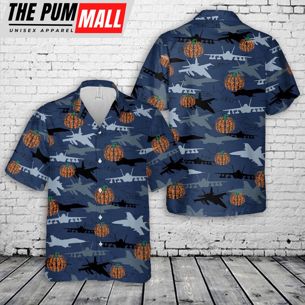 Us Navy Hawaiian Shirt, US Navy McDonnell Douglas FA-18 Hornet Silhouettes Pumpkin Hawaiian Shirt, Military Hawaiian Shirt