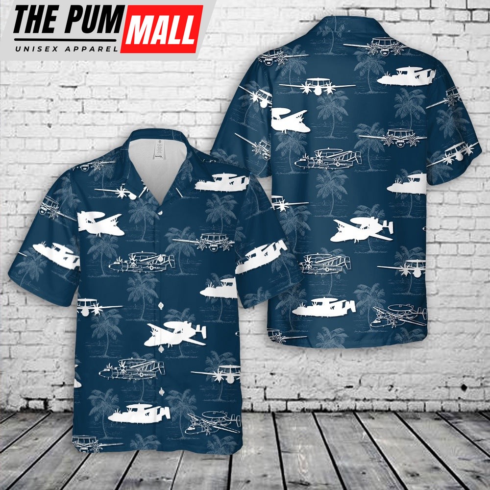 Us Navy Hawaiian Shirt, US Navy Northrop Grumman E-2 Hawkeye Silhouette Hawaiian Shirt, Military Hawaiian Shirt