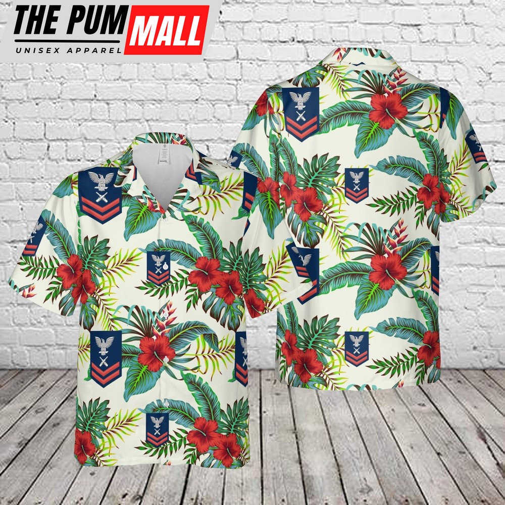 Us Navy Hawaiian Shirt, US Navy Red E-5 Gunner’s Mate GM Hawaiian Shirt, Military Hawaiian Shirt
