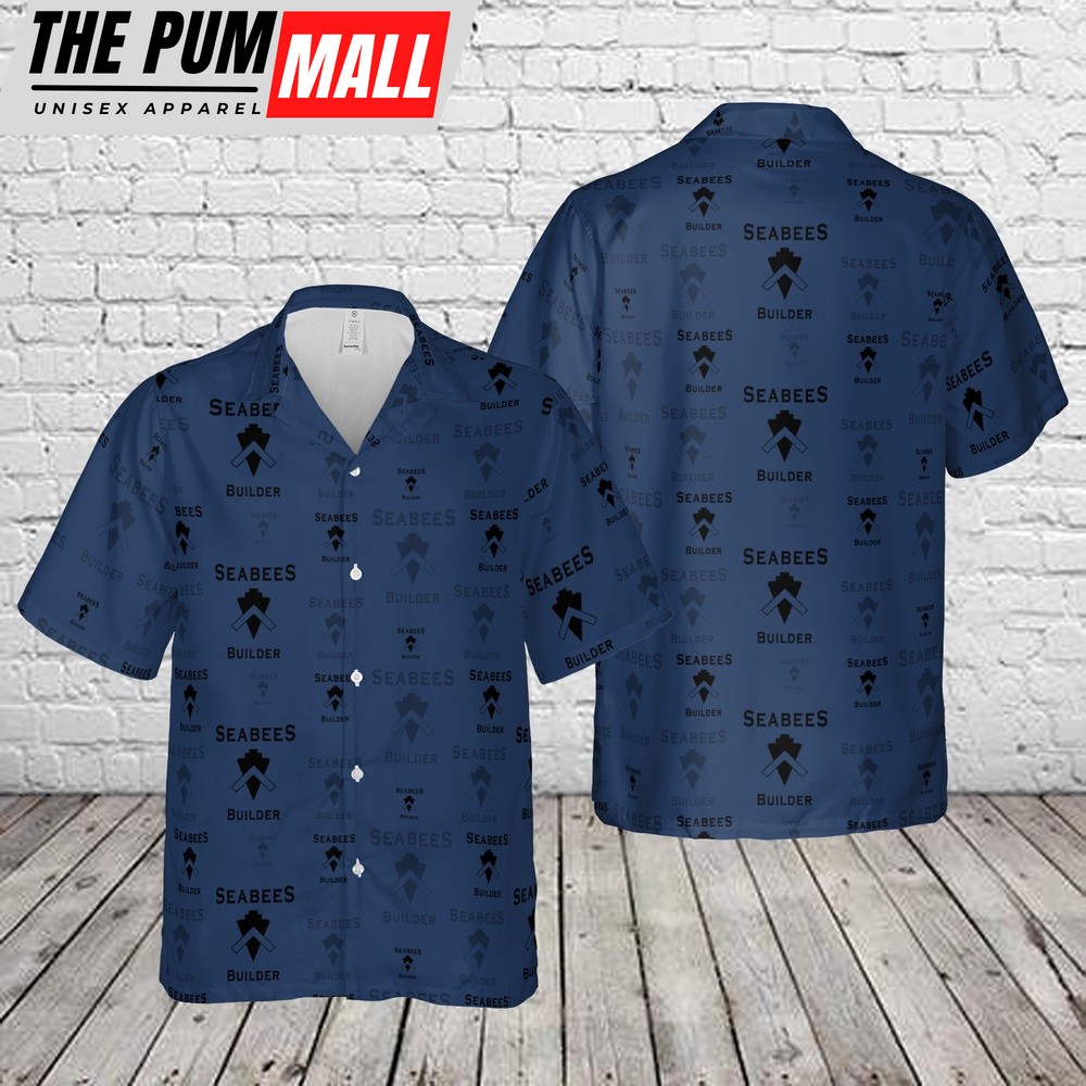 Us Navy Hawaiian Shirt, US Navy Seabee BU – Builder Silhouette Hawaiian Shirt, Military Hawaiian Shirt