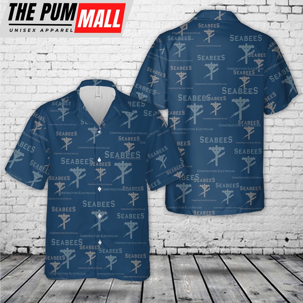 Us Navy Hawaiian Shirt, US Navy Seabee CE – Constructon Electrician Silhouette Hawaiian Shirt, Military Hawaiian Shirt