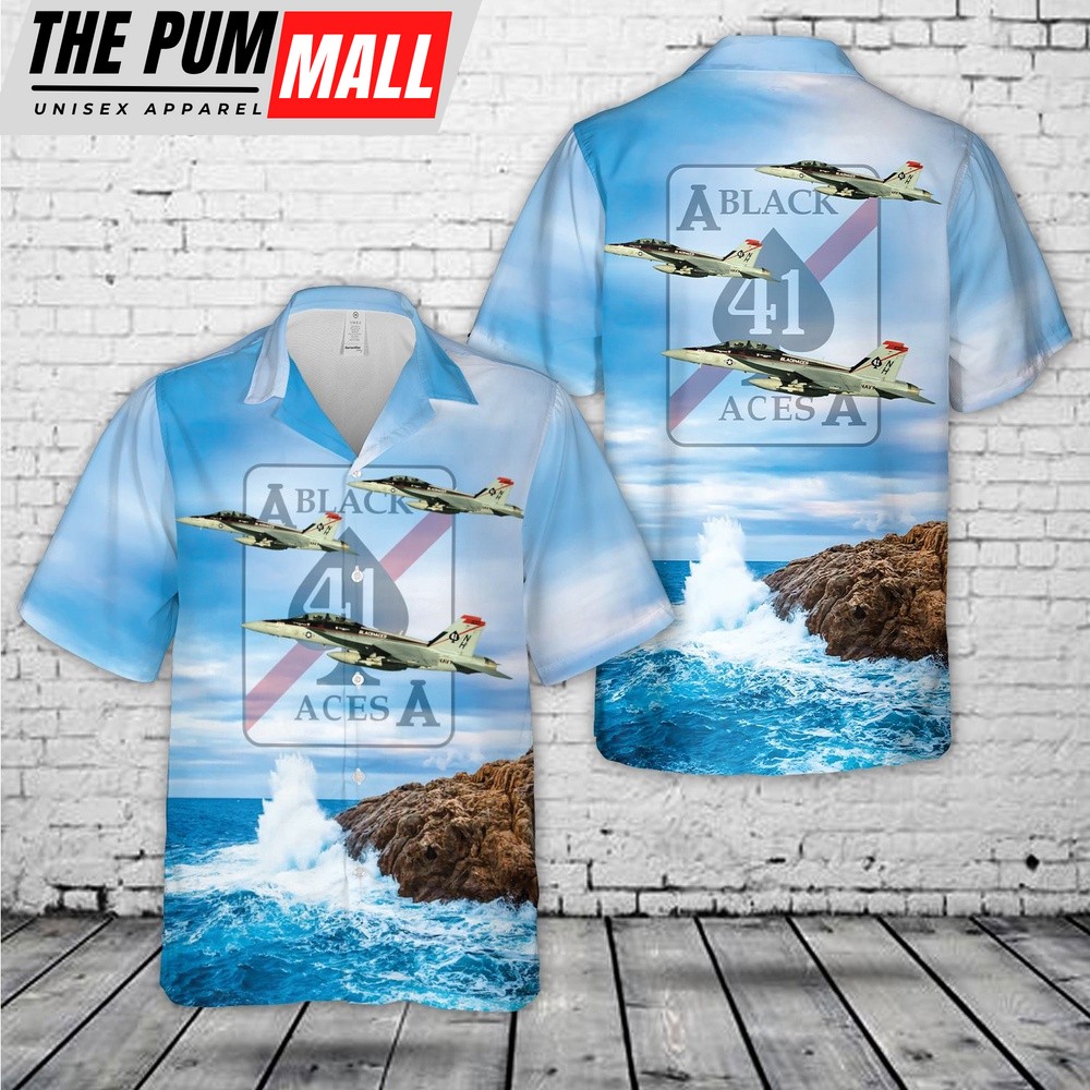 Us Navy Hawaiian Shirt, US Navy Strike Fighter Squadron 41 (VFA-41) Black Aces FA-18F Hawaiian Shirt, Military Hawaiian Shirt