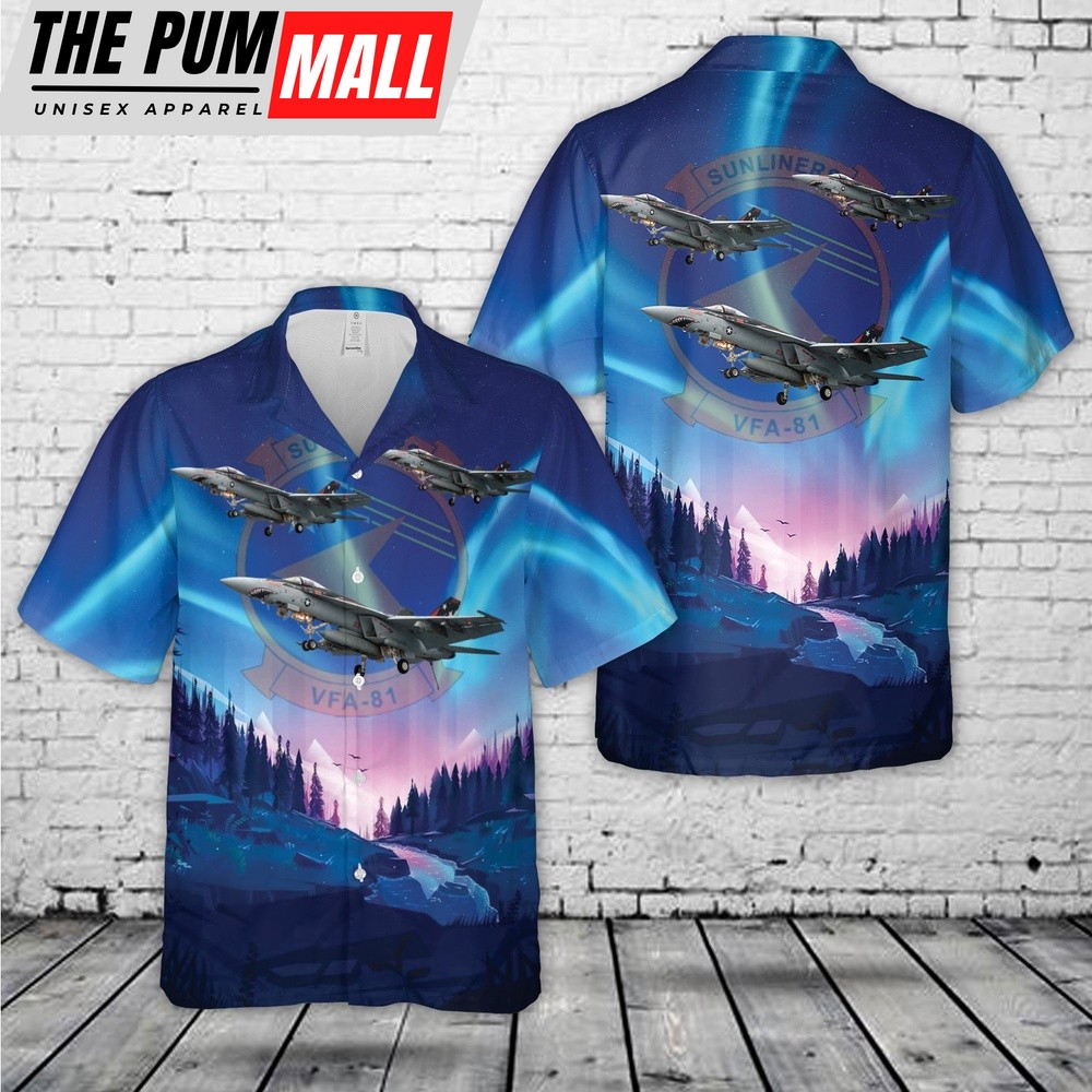 Us Navy Hawaiian Shirt, US Navy Strike Fighter Squadron 81 (STRKFITRON 81) VFA-81 ‘Sunliners’ Hawaiian Shirt, Military Hawaiian Shirt