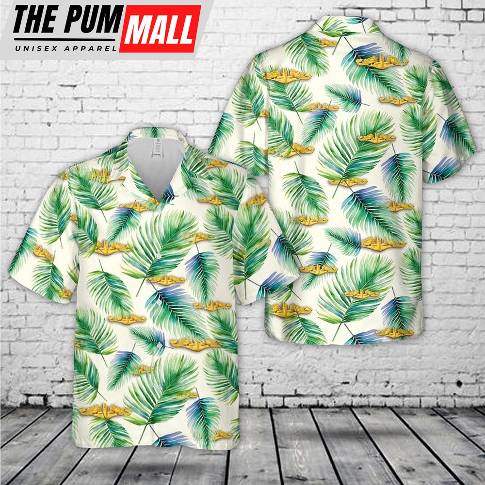 Us Navy Hawaiian Shirt, US Navy Submarine Warfare insignia Gold Hawaiian Shirt, Military Hawaiian Shirt