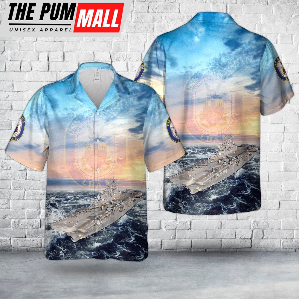 Us Navy Hawaiian Shirt, US Navy USS America (LHA-6) America-class amphibious assault ship Hawaiian Shirt, Military Hawaiian Shirt