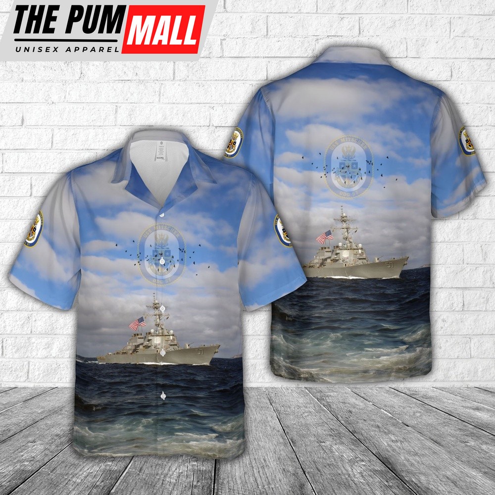 Us Navy Hawaiian Shirt, US Navy USS Mitscher (DDG-57) Arleigh Burke class Hawaiian Shirt, Military Hawaiian Shirt