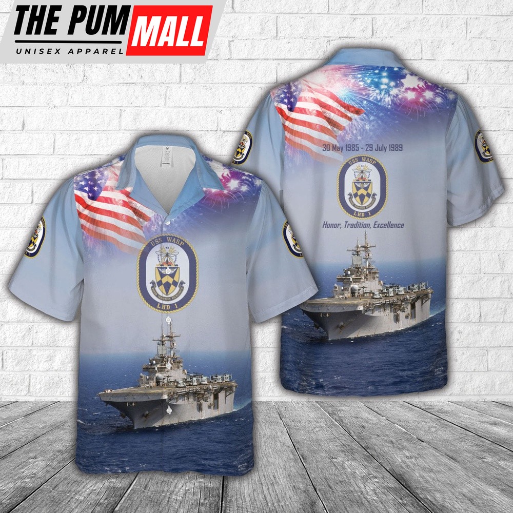 Us Navy Hawaiian Shirt, US Navy USS Wasp (LHD-1), 4th Of July Hawaiian Shirt, Military Hawaiian Shirt