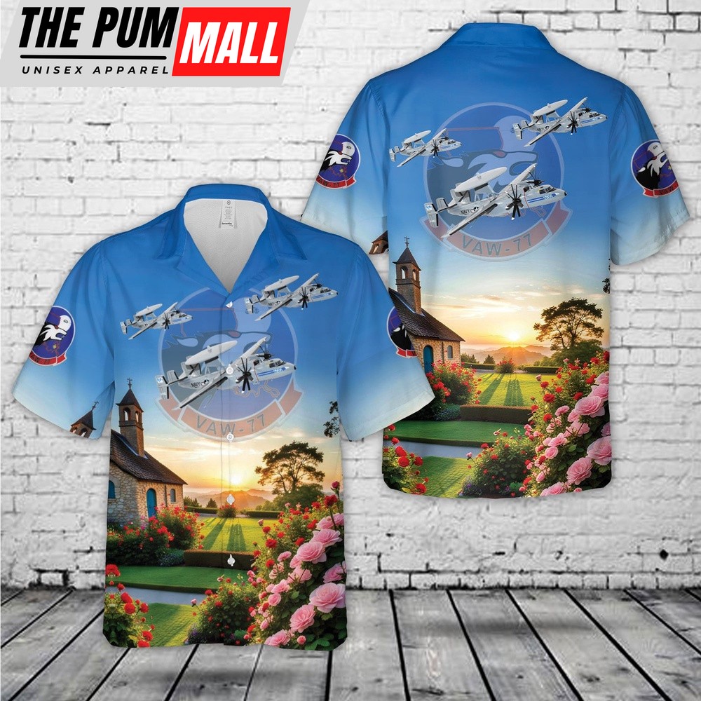 Us Navy Hawaiian Shirt, US Navy VAW-77 Night Wolves E-2C Hawaiian Shirt, Military Hawaiian Shirt