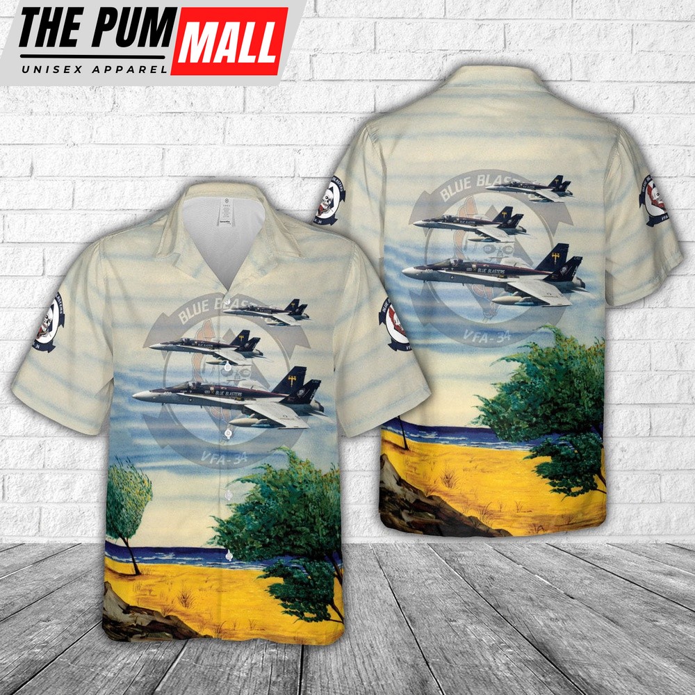 Us Navy Hawaiian Shirt, US Navy VFA-34 F A-18C Blue Blasters Hawaiian Shirt, Military Hawaiian Shirt