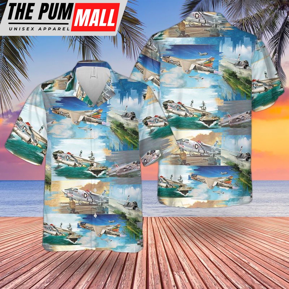 Us Navy Hawaiian Shirt, US Navy Vought F-8 Crusader Hawaiian Shirt, Military Hawaiian Shirt