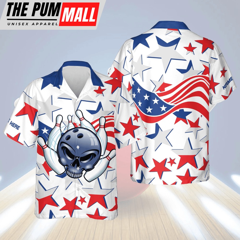 USA Bowling Button-Down Shirt: Short Sleeve Hawaiian Flag Design