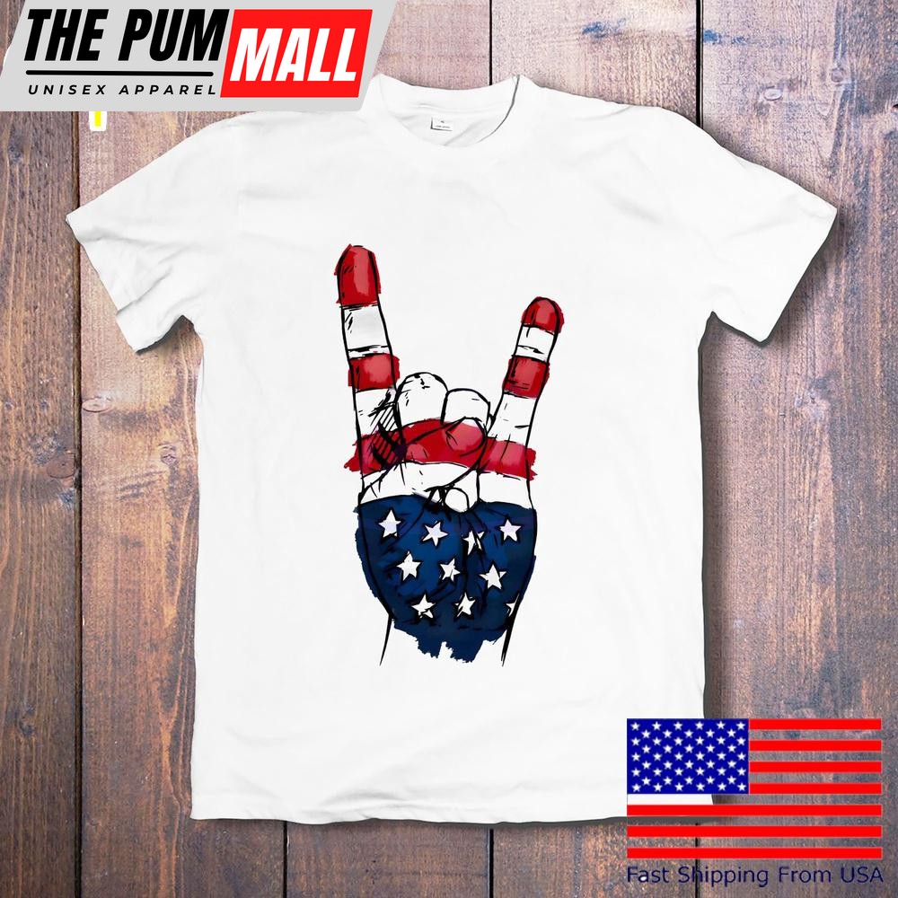 Usa Rock On Hand Sign American Flag 4th Of July T-Shirt