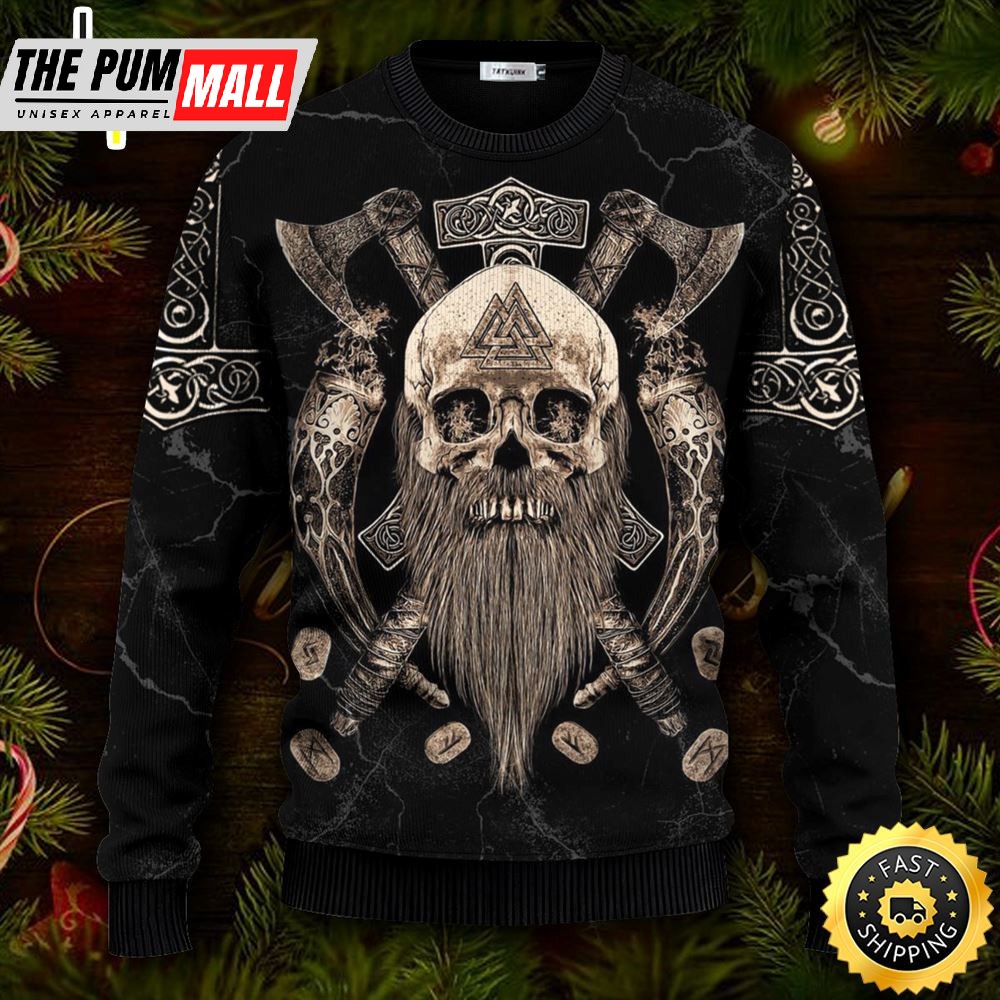 Valhalla Vegvisir Pattern Viking Ugly Christmas Skull Sweater Christmas