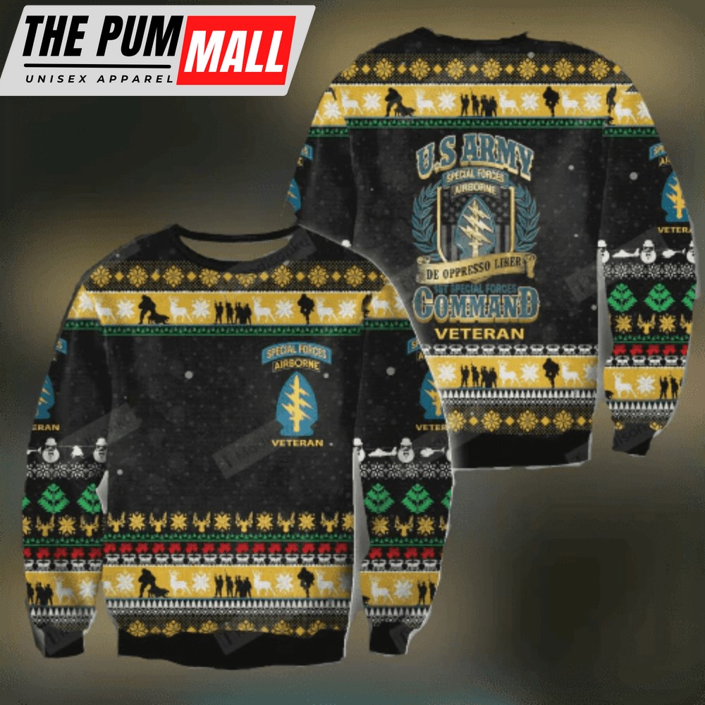 Veteran Sweater US Army Special Forces Airborne Christmas Pattern Black Ugly Sweater