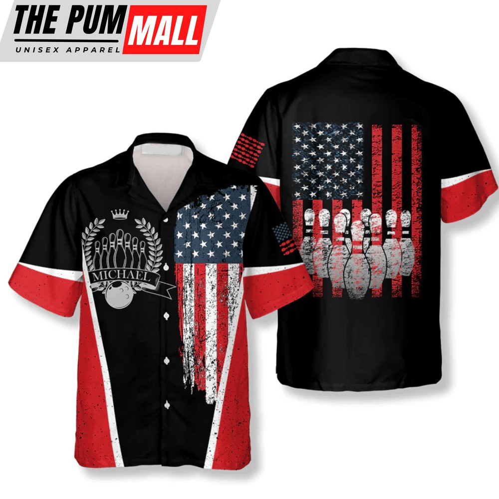 Vintage American Flag Emblem Custom Bowling Hawaiian Shirt