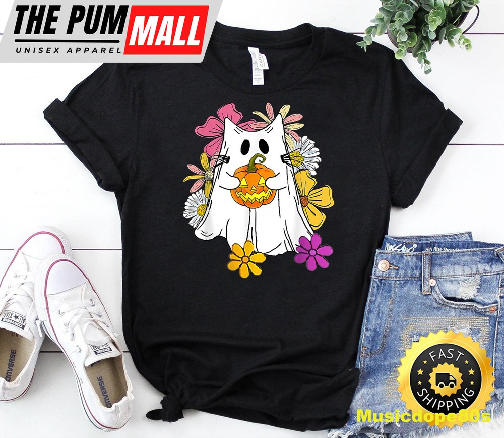 Vintage Floral Ghost Cat Halloween Graphic T-Shirt