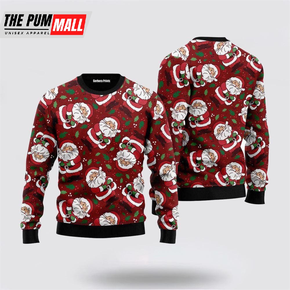 Vintage Santa Claus Ditsy Holly Pattern 3D Ugly Christmas Sweater