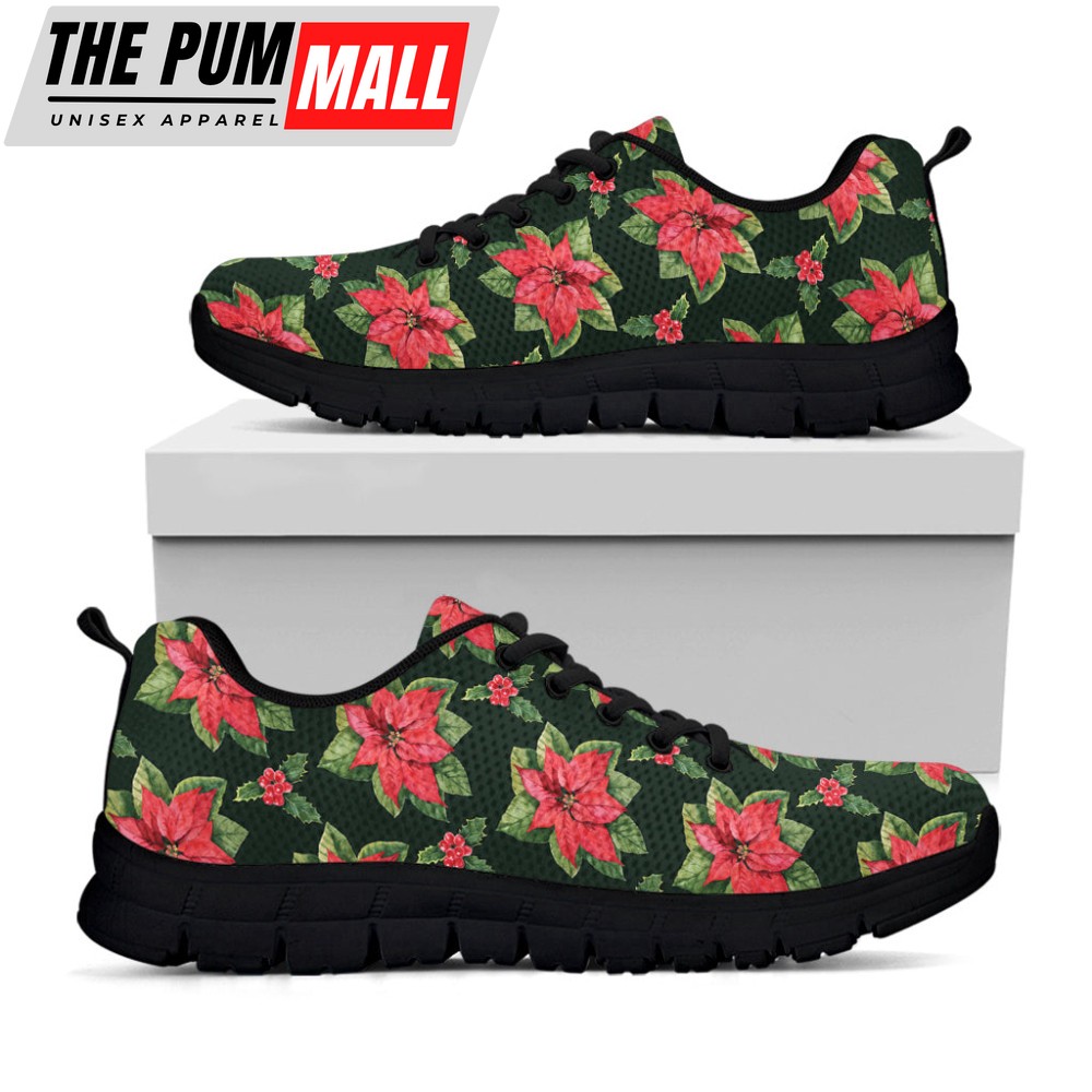 Watercolor Christmas Poinsettia Print Black Running Shoes, Gift For Men And Women