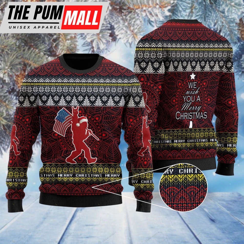 We Wish You A Merry Christmas Ho Ho Ho Bigfoot And Mandala Pattern Ugly Sweater For Family