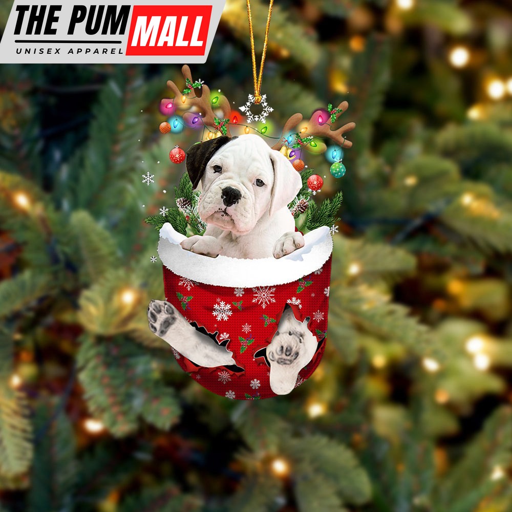 White Boxer In Snow Pocket Christmas Ornament – Two Sided Christmas Plastic Hanging Limited Edition