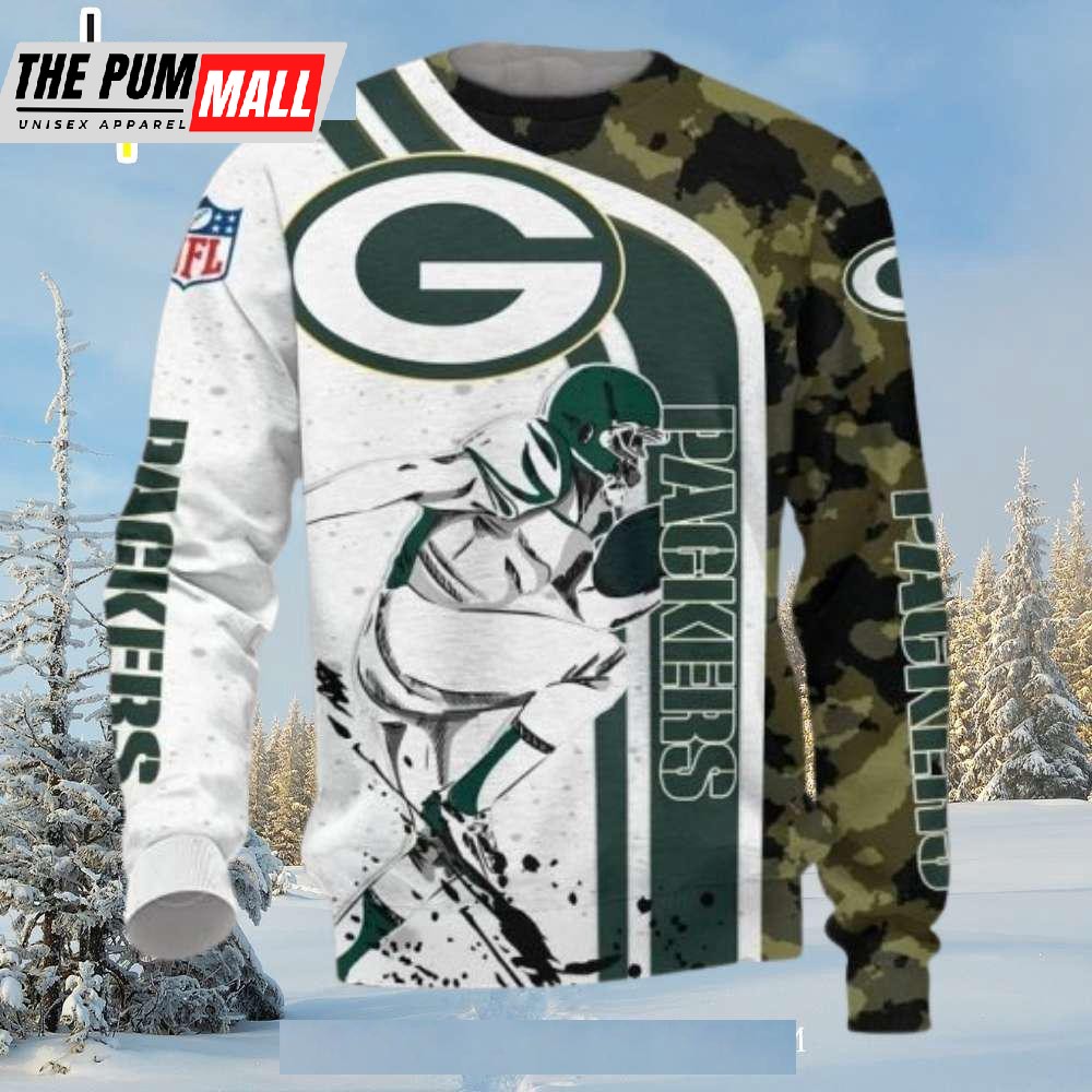 White Camo Design On Green Bay Packers Ugly Christmas Sweater