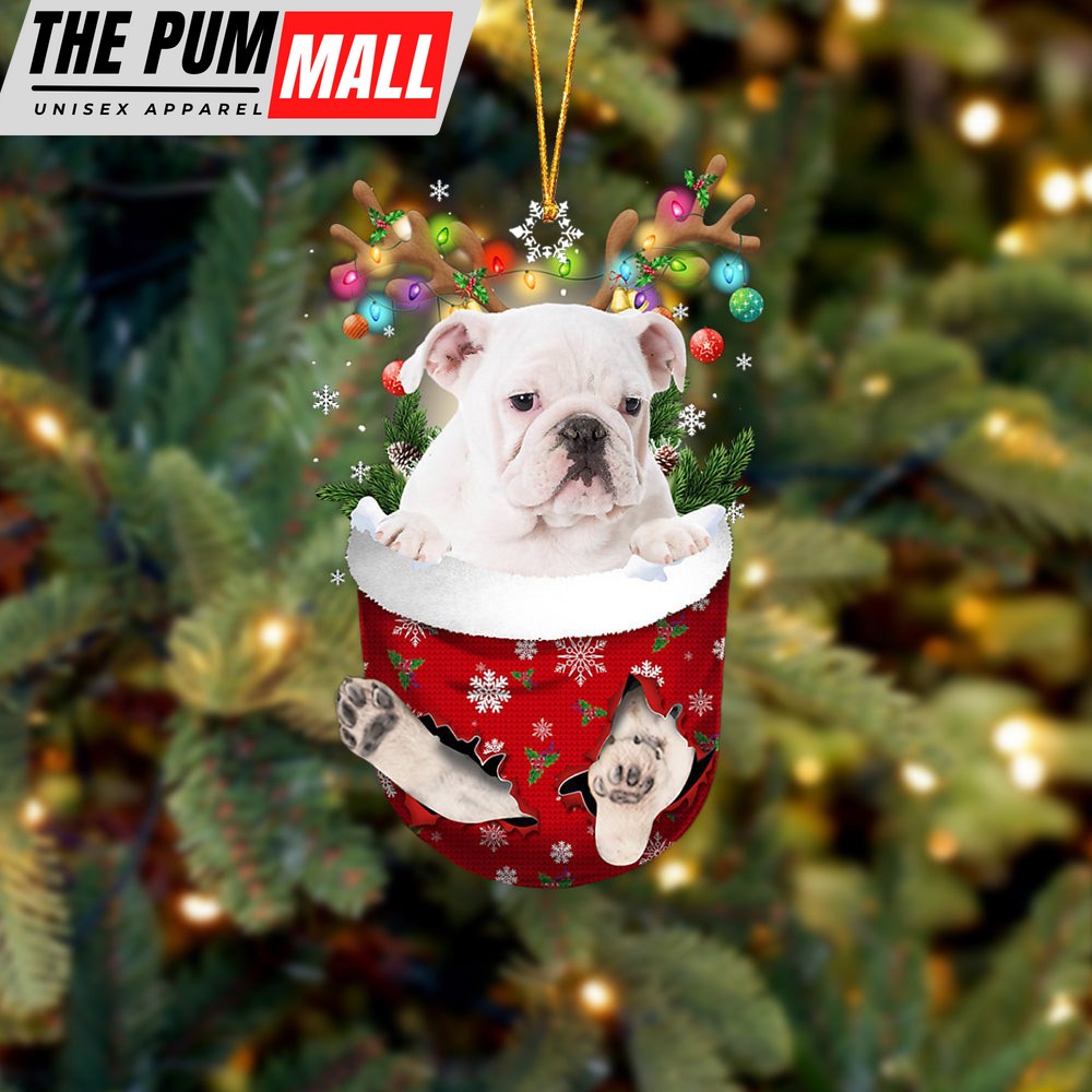 White English Bulldog In Snow Pocket Christmas Ornament – Two Sided Christmas Plastic Hanging Limited Edition