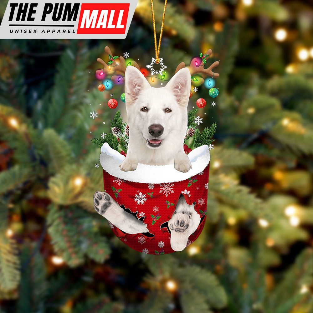 White German Shepherd In Snow Pocket Christmas Ornament – Two Sided Christmas Plastic Hanging Limited Edition