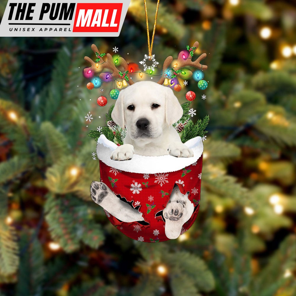 White Labrador In Snow Pocket Christmas Ornament – Two Sided Christmas Plastic Hanging Limited Edition
