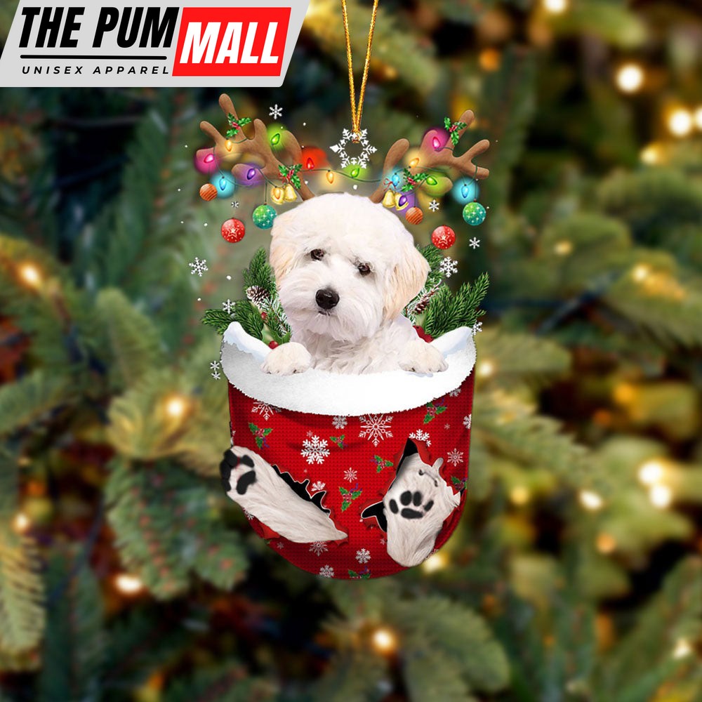 White Maltipoo In Snow Pocket Christmas Ornament – Two Sided Christmas Plastic Hanging Limited Edition