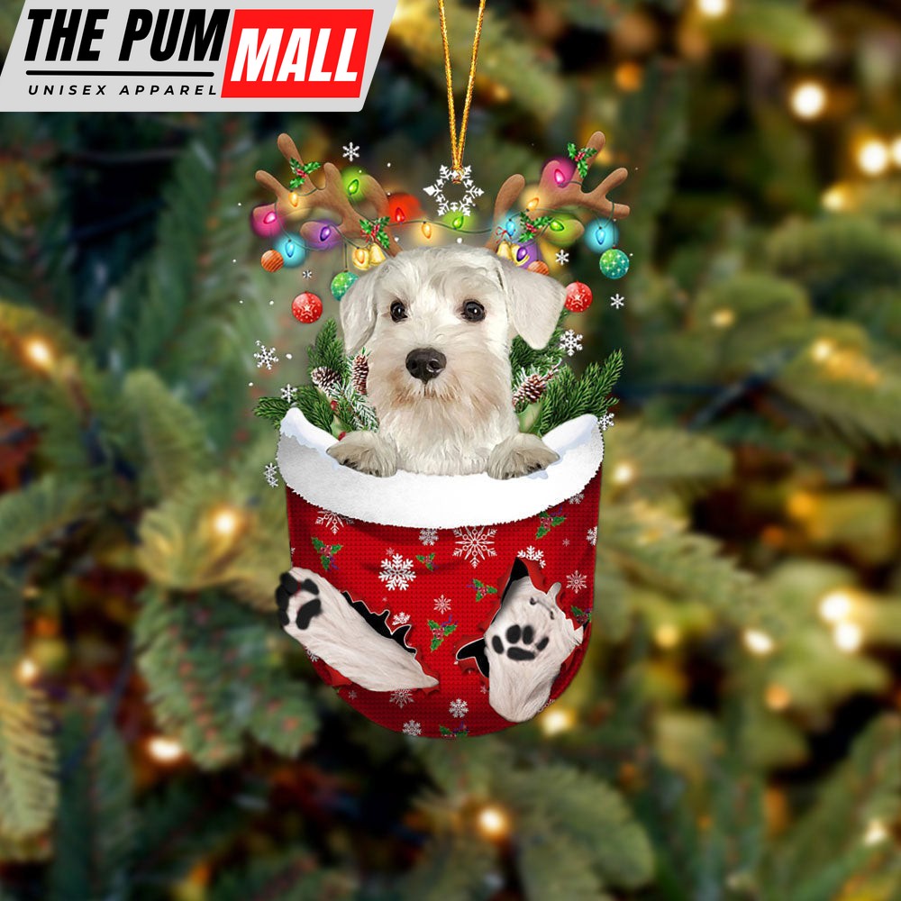 White Miniature Schnauzer In Snow Pocket Christmas Ornament – Two Sided Christmas Plastic Hanging Limited Edition