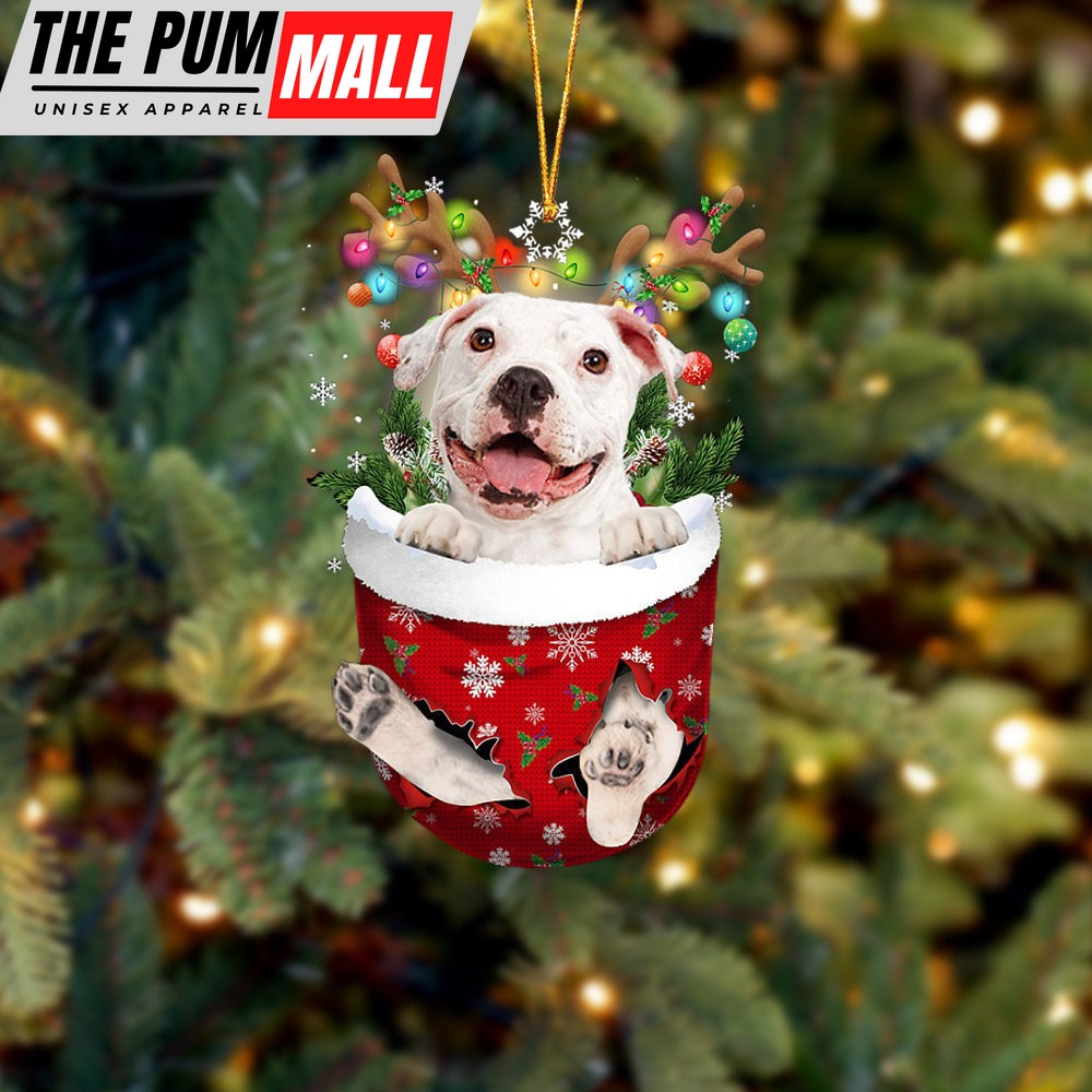 White Pitbulll In Snow Pocket Christmas Ornament – Two Sided Christmas Plastic Hanging Limited Edition