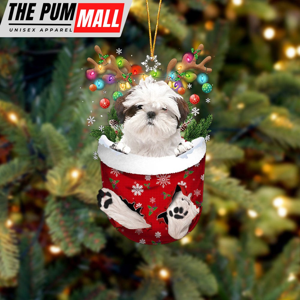 White Shih Tzu In Snow Pocket Christmas Ornament – Two Sided Christmas Plastic Hanging Limited Edition
