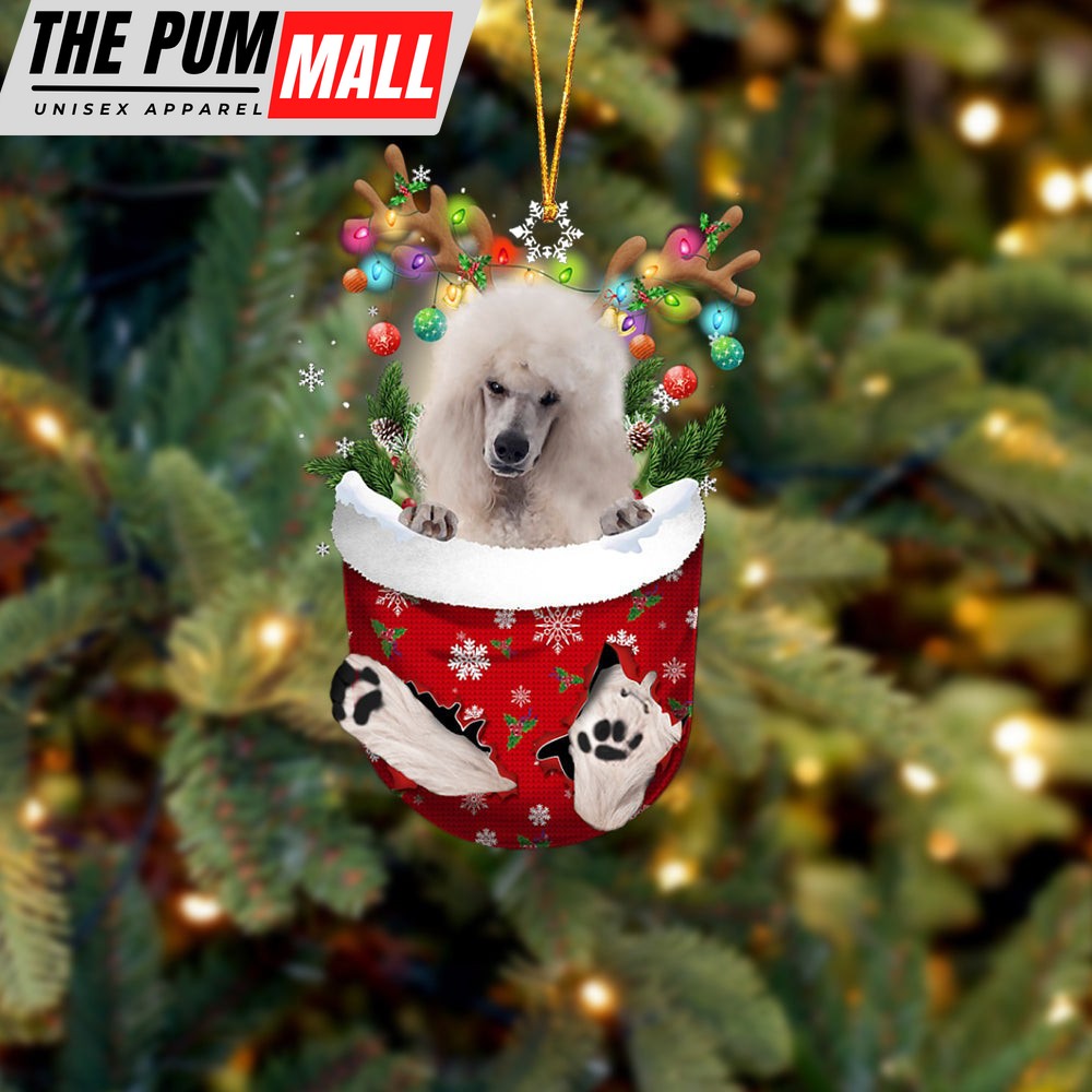 White Standard Poodle In Snow Pocket Christmas Ornament – Two Sided Christmas Plastic Hanging Limited Edition