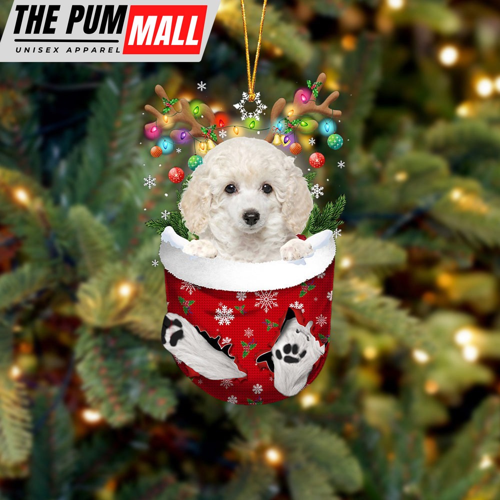 White Toy Poodle In Snow Pocket Christmas Ornament – Two Sided Christmas Plastic Hanging Limited Edition