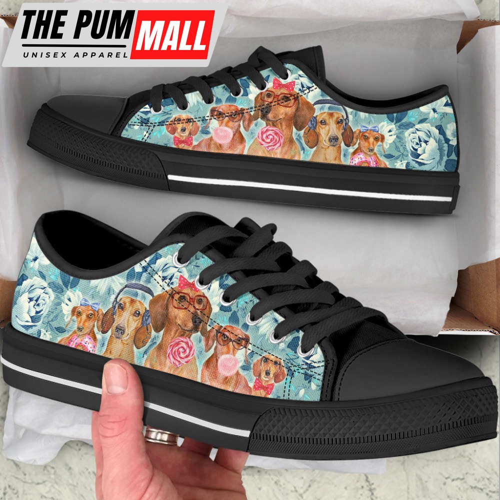 Wiener Dog Flowers Pattern Low Top Shoes Canvas Sneakers