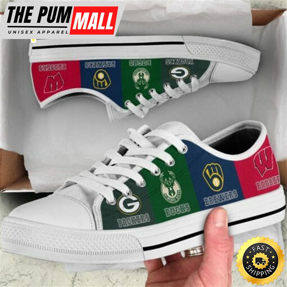Wisconsin Badgers Wisconsin Badgers, Green Bay Packers, Milwaukee Brewers, Milwaukee Bucks FLAG Low Top Shoes